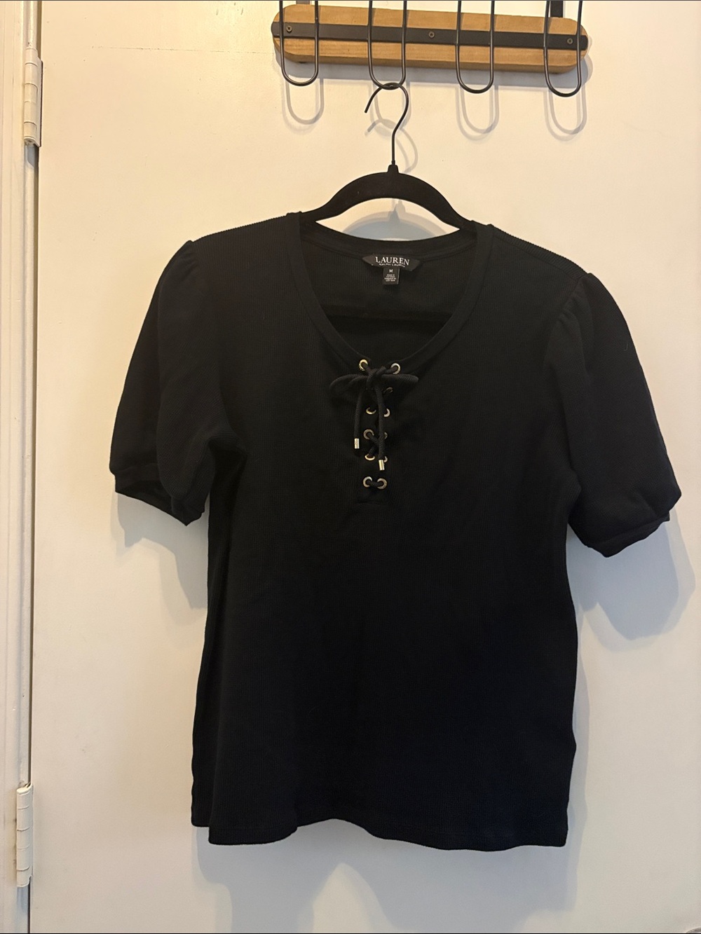 Lauren Ralph Lauren Black Lace-Up Puff Sleeve Knit Top 100% Cotton SZ M Luxe